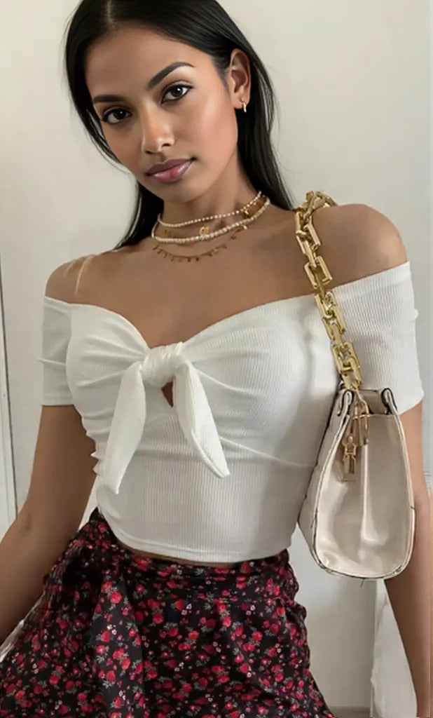 Off-Shoulder Bow-Tie Crop Top White