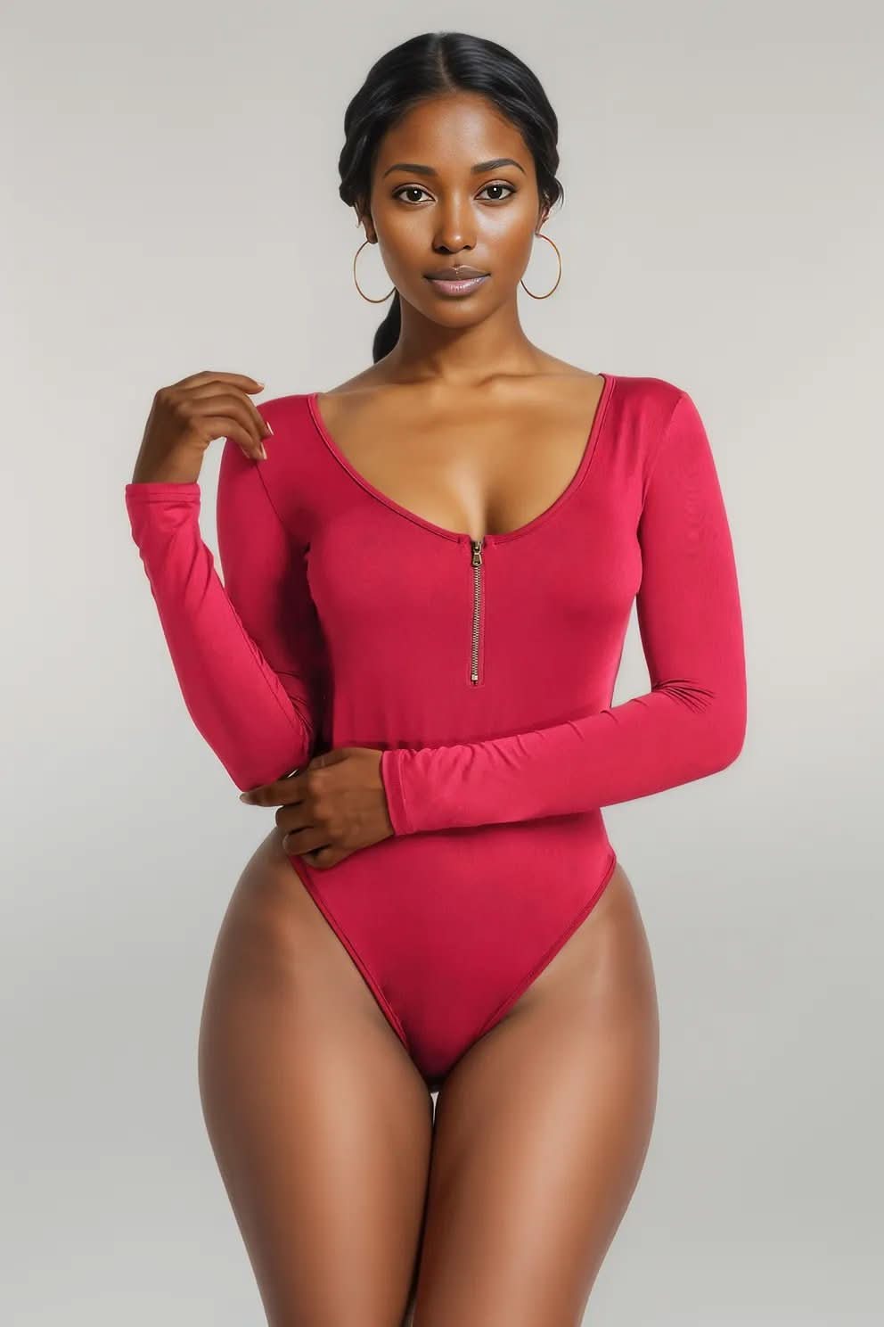 Half Zip Scoop Neck Long Sleeve Bodysuit Scarlet