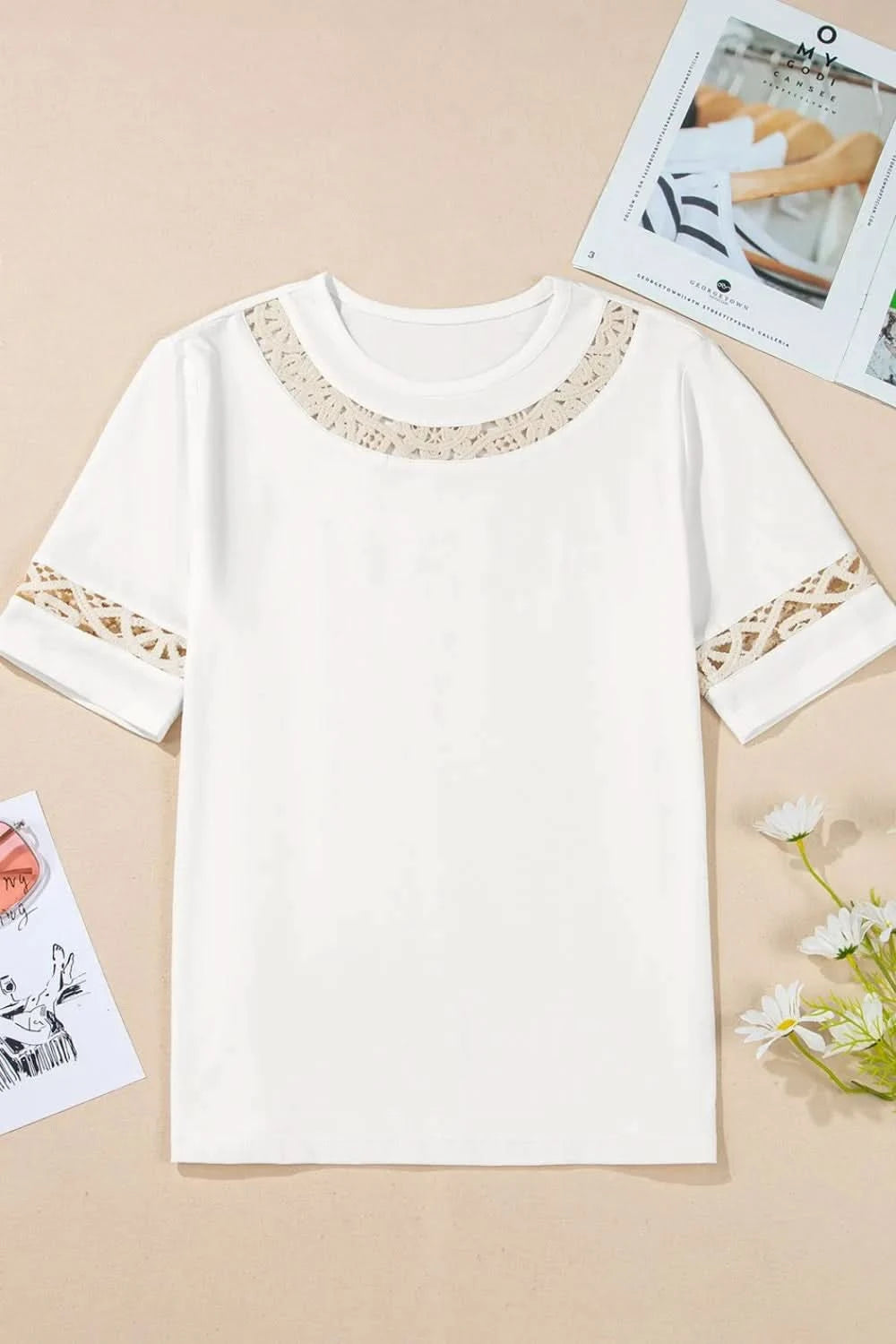 Lace Crochet Crew Neck Casual T Shirt White