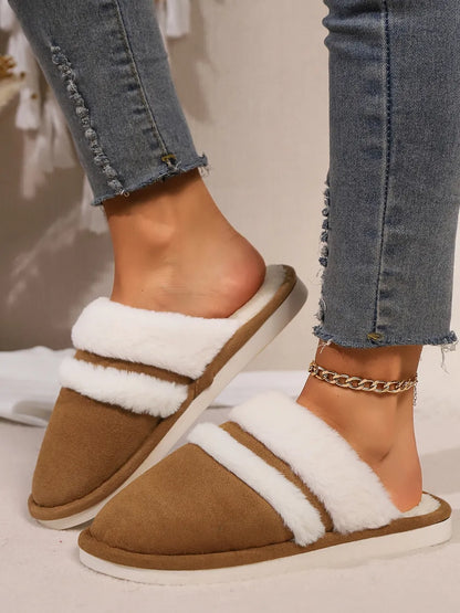 Contrast Faux Fur Round Toe Slippers Camel