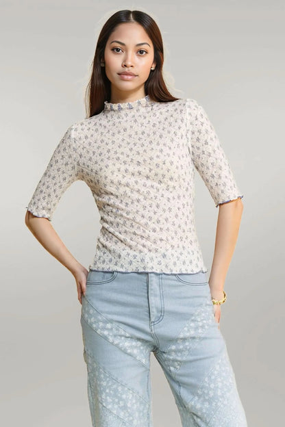 Davi & Dani Lace Stretch Floral Marrow Edge Half Sleeve Top