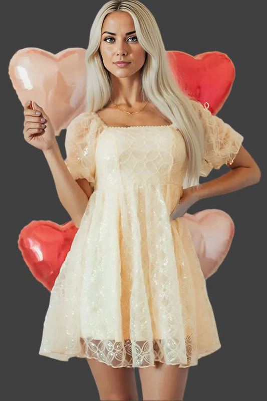 Apricot Sequined Lace Mesh Bubble Sleeve Square Neck Dress Apricot 100%Polyamide