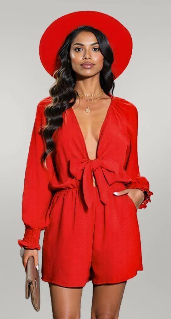 Tied Flounce Sleeve Plunge Romper