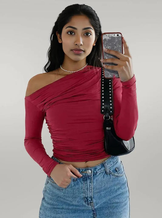 Ruffled Single Shoulder T-Shirt Burgundy