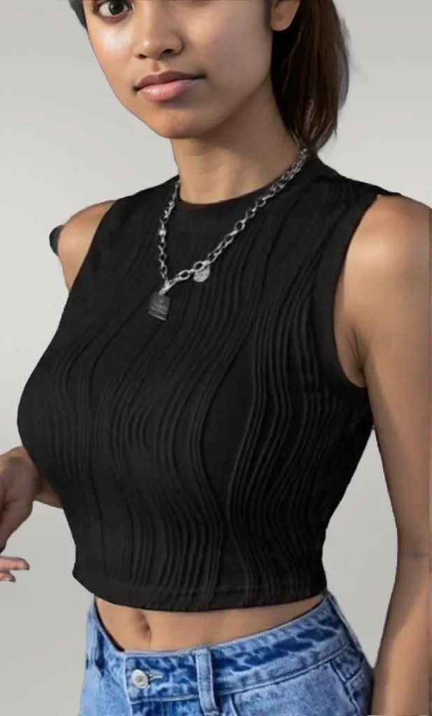 Round Neck Cropped Tank Black