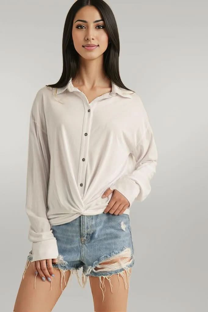 Aemi + Co Twisted Hemline Button Detail Collared Neck Top White