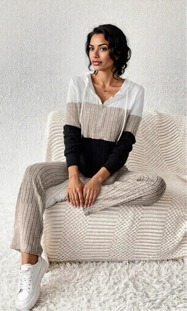 Color Block Half Zip Hooded Top and Pants Set