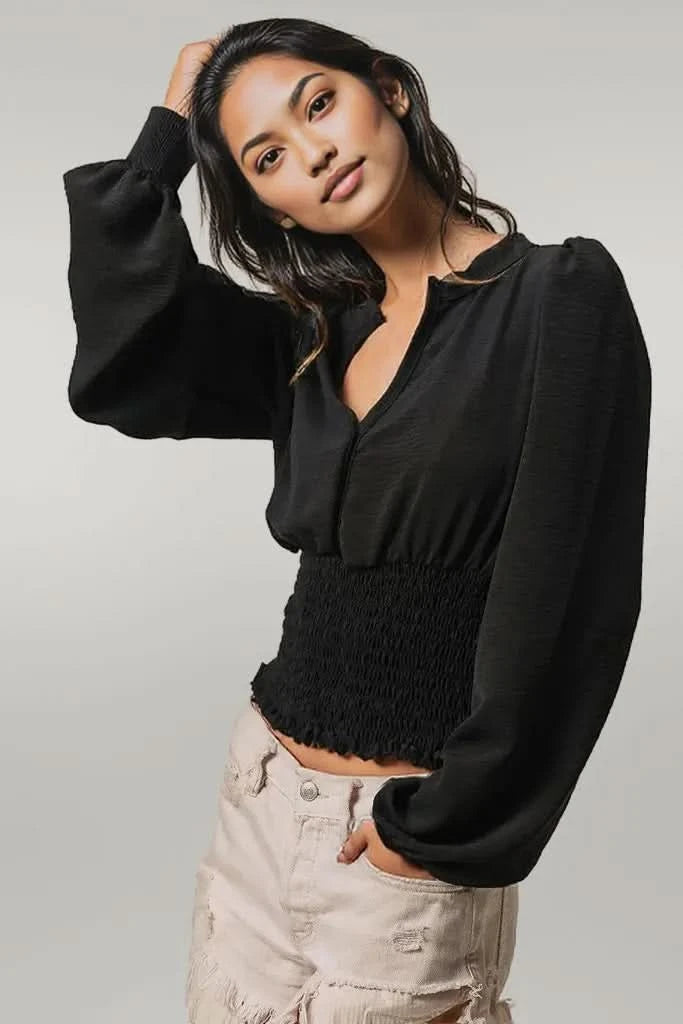 BiBi Smoking Waist Band and Puff Sleeves Deep V Neck Top BLACK