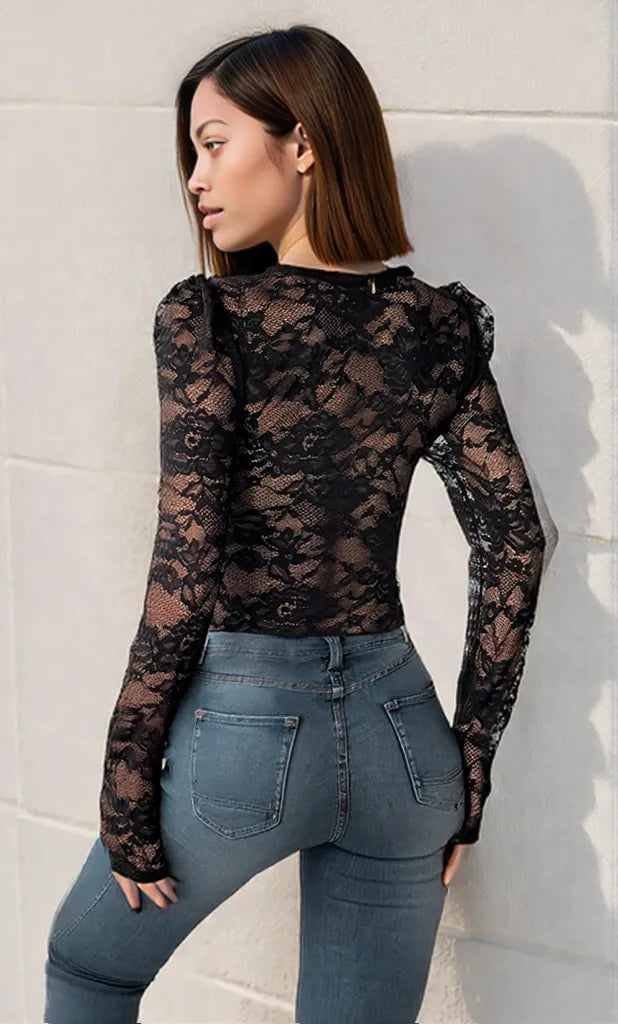 Lace Long Sleeve V-Neck Bodysuit