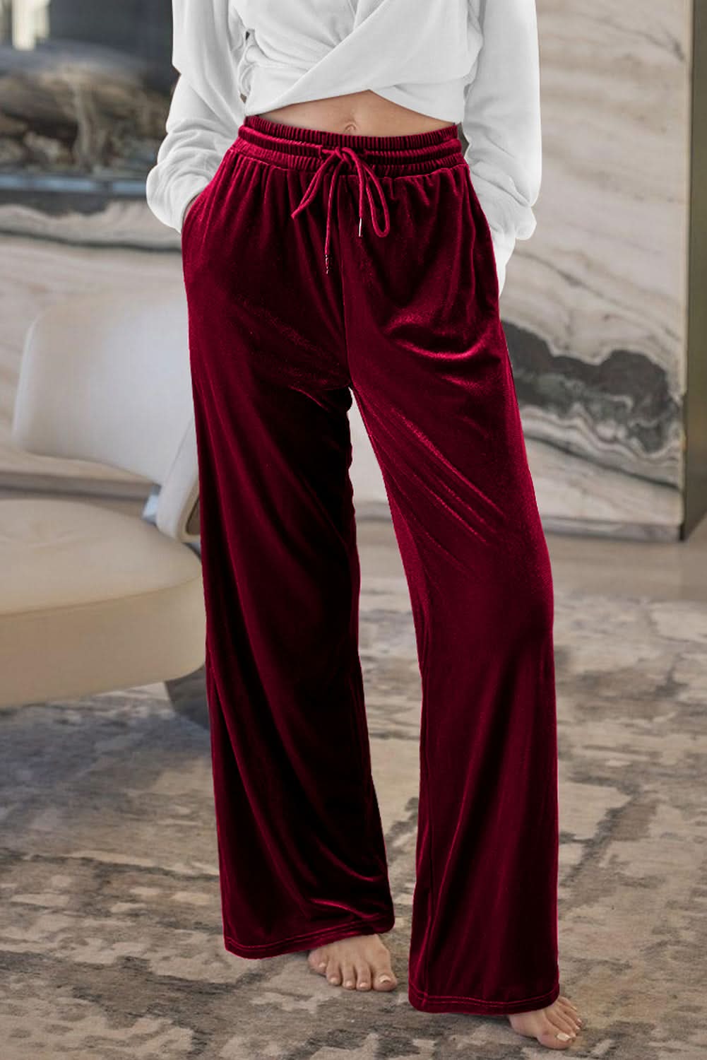 Black Solid Drawstring Waist Wide Leg Pants Burgundy 95%Polyester+5%Elastane