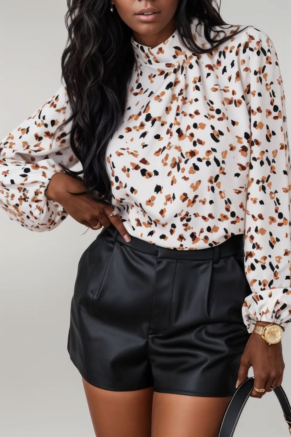 White Leopard Print Lantern Sleeve Mock Neck Pleated Blouse White 100%Polyester