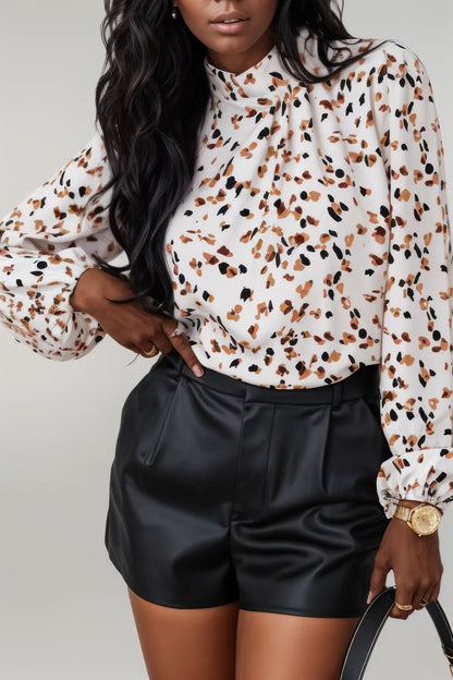 White Leopard Print Lantern Sleeve Mock Neck Pleated Blouse White 100%Polyester