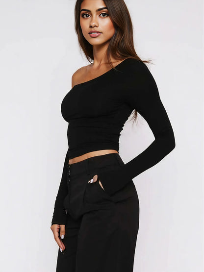One Shoulder Long Sleeve Crop T-Shirt