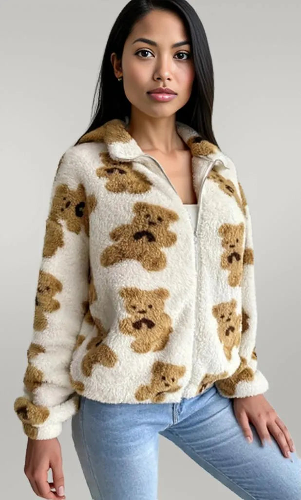 Bear Print Fleece Zip Up Outerwear