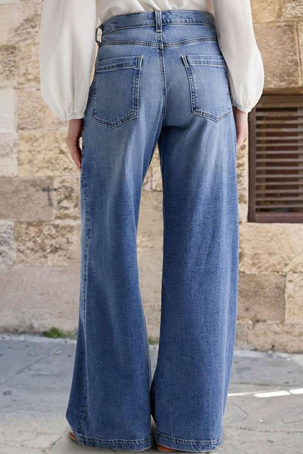 Pocketed Embroidered Straight Leg Jeans Light