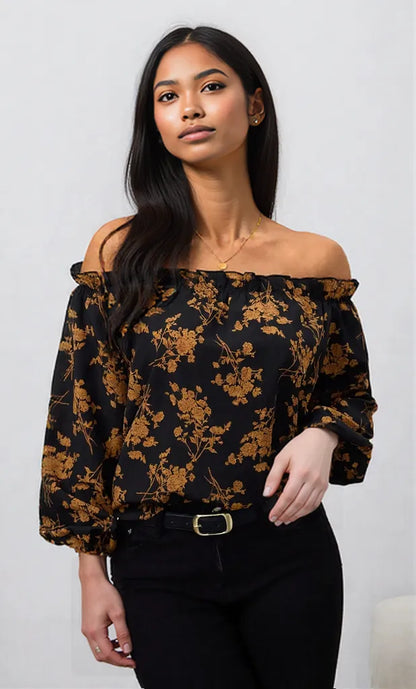 Printed Off-Shoulder Balloon Sleeve Blouse Brown