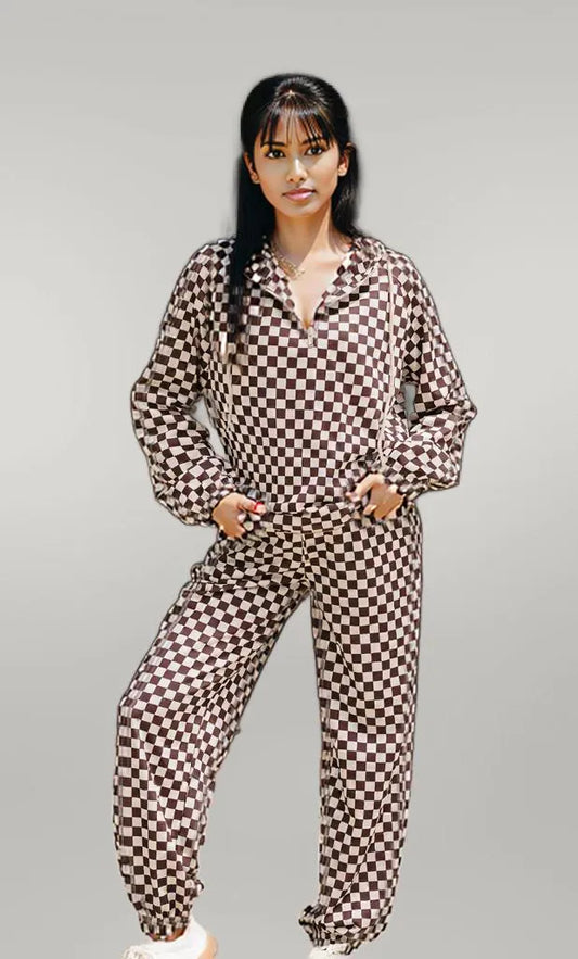 Checkered Drawstring Hoodie and Pants Set Plaid