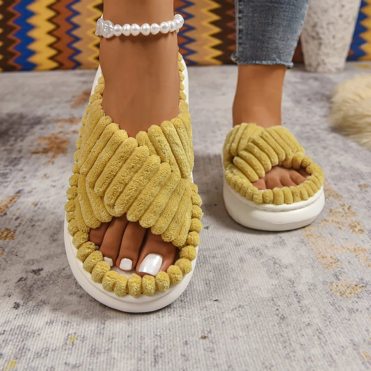 Crisscross Open Toe Platform Slippers Mustard