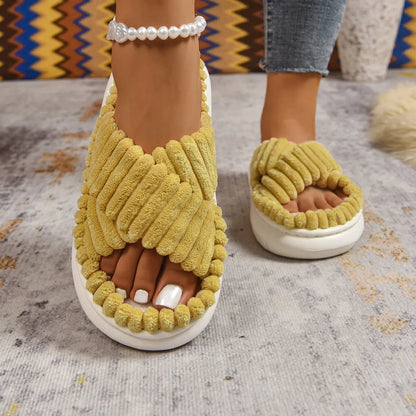 Crisscross Open Toe Platform Slippers Mustard
