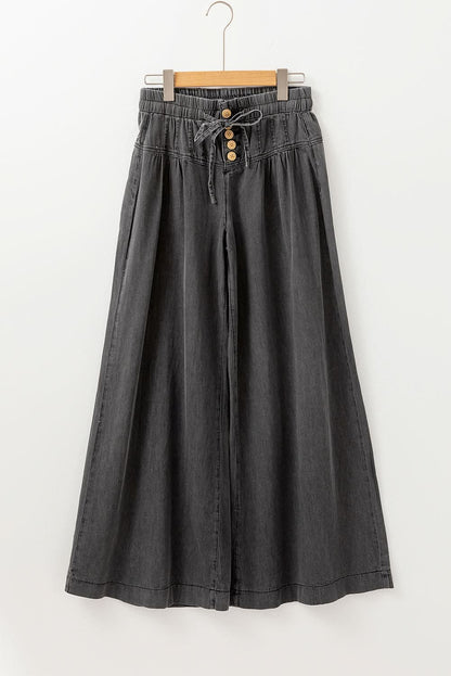 Blue Mineral Wash Button Fly Waist Wide Leg Jeans