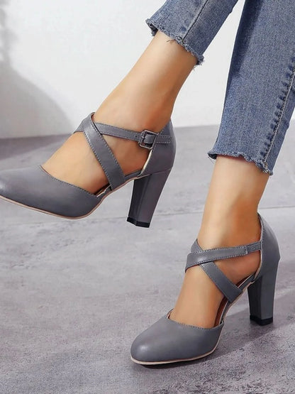 Cross-Strap Block Heel Pumps Gray