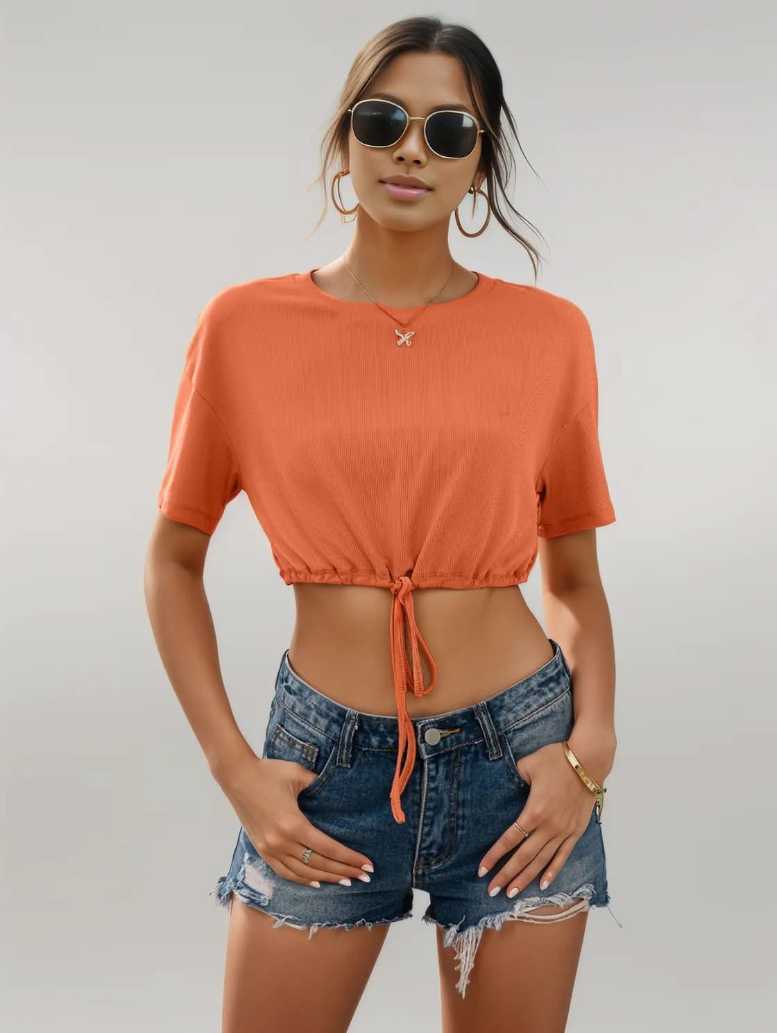Ivy Lane Drawstring Round Neck Short Sleeve T-Shirt Orange-Red