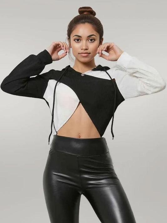 Two-Tone Crisscross Long Sleeve Hoodie Black