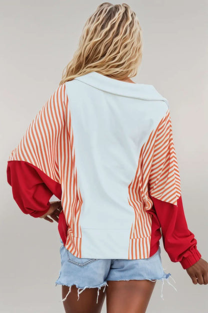 White Striped Color Block Collared V Neck Oversized Sweatshirt White 90%Cotton+10%Polyester
