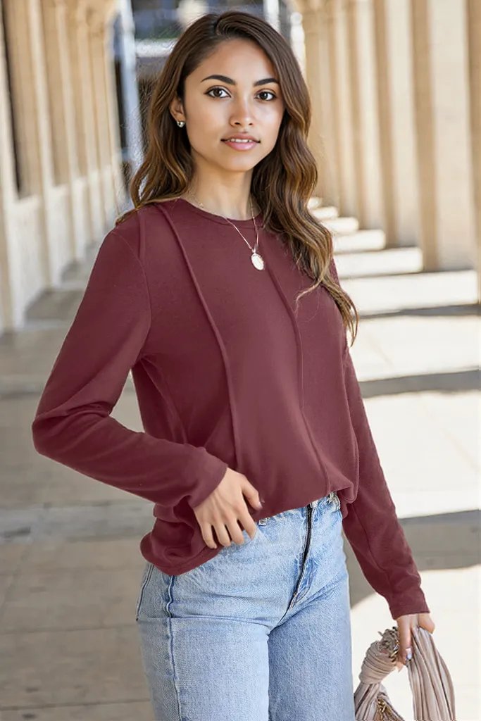 Black Solid Exposed Seam Crew Neck Long Sleeve Top