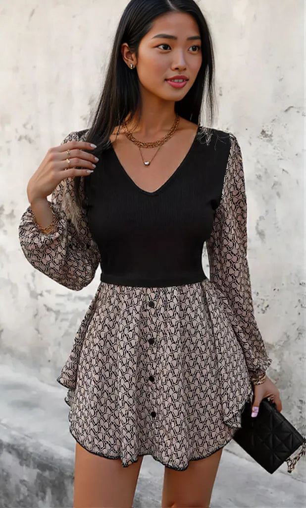 Printed V-Neck Long Sleeve Dress