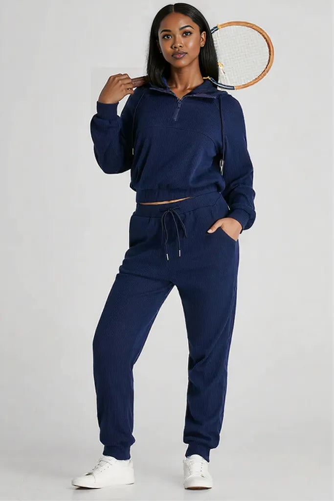 Drawstring Half Zip Hoodie and Joggers Active Set Navy