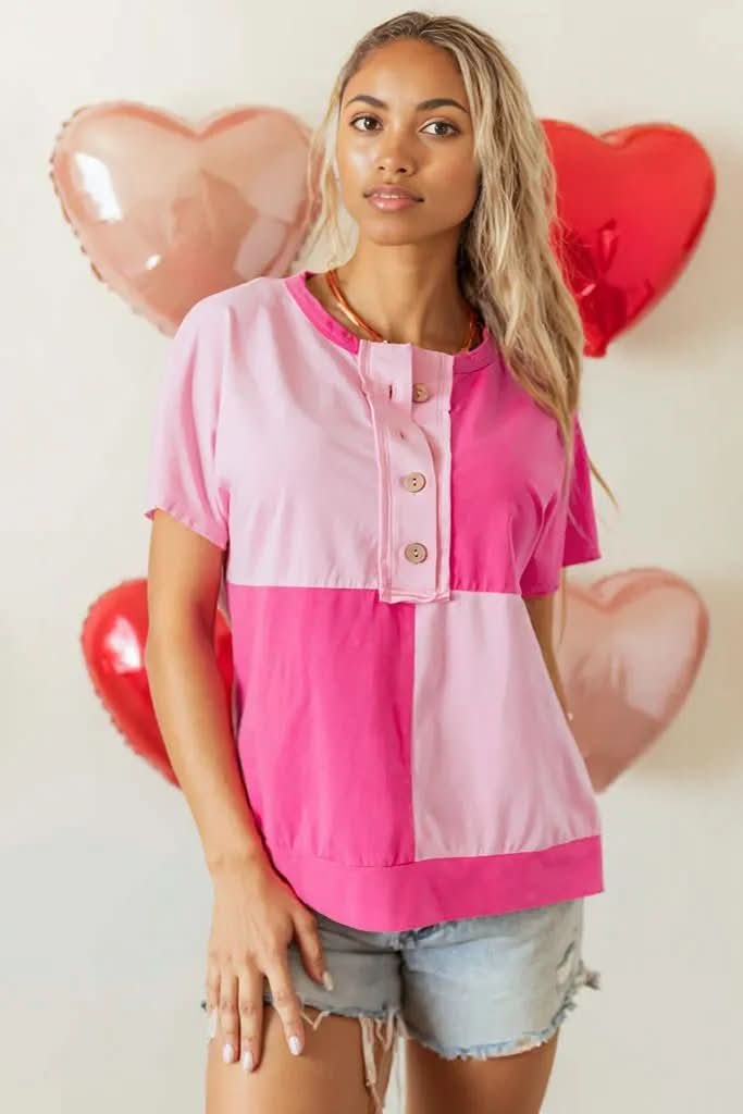 Pink Two Tone Half Buttons Collared T Shirt