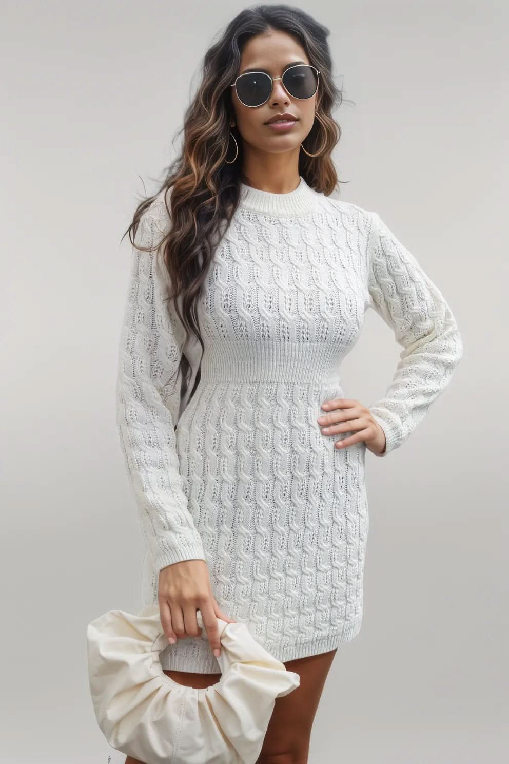 Cable-Knit Openwork Sweater Dress White