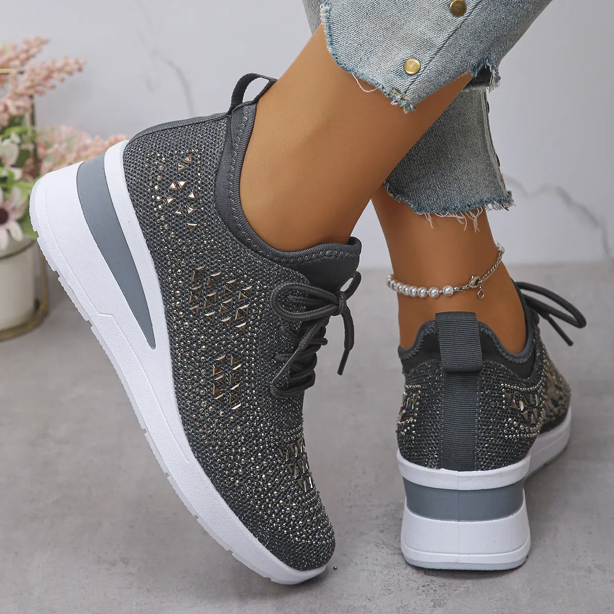 Breathable Mesh Rhinestone Wedge Athletic Sneakers Gray