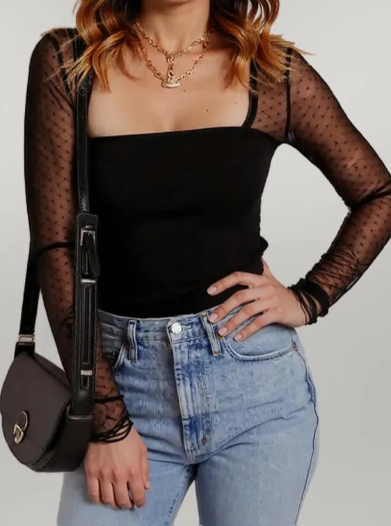 Mesh Sleeve Square Neck Bodysuit