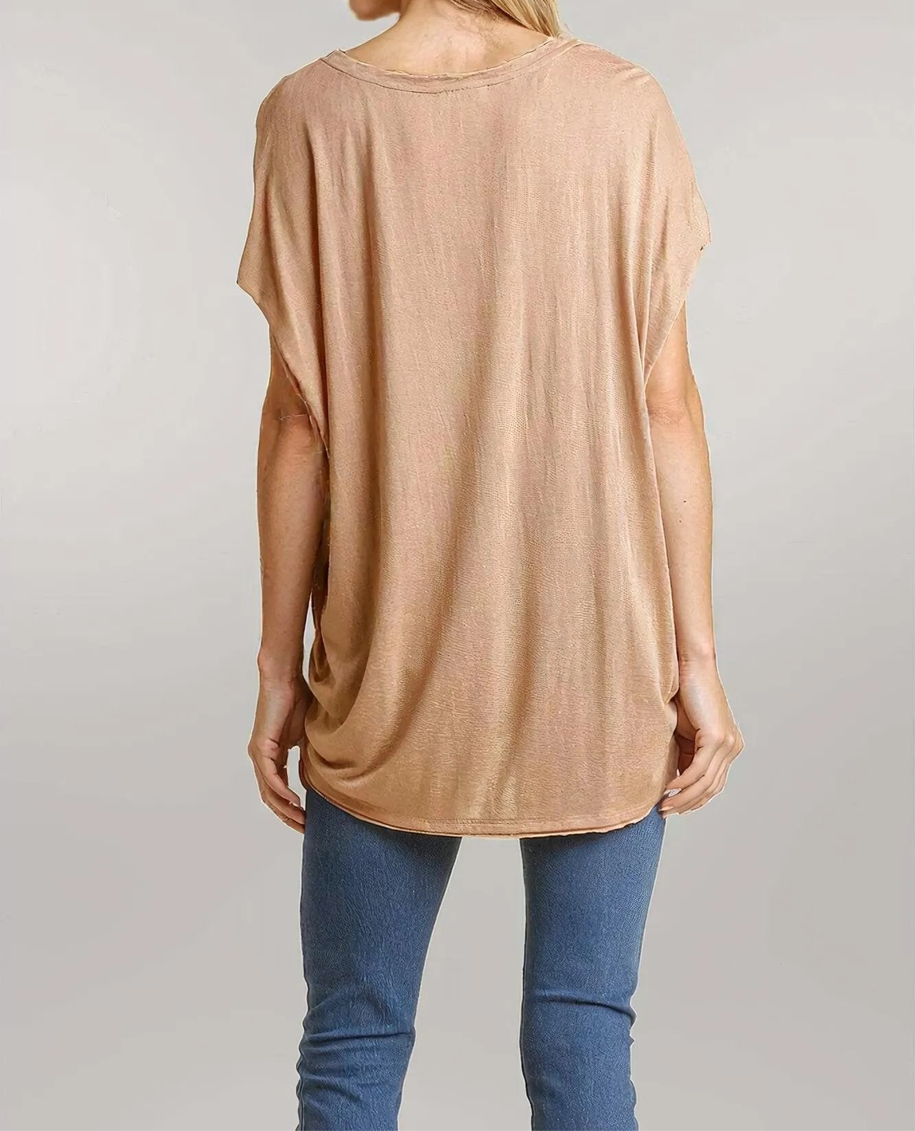 Short Sheer Dolman Sleeve Scoop Neck Top With Side Slit