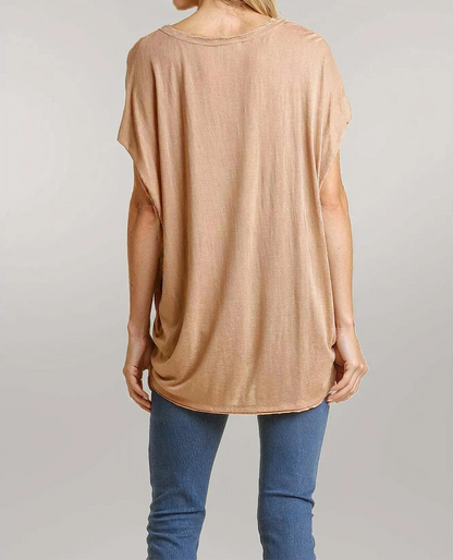 Short Sheer Dolman Sleeve Scoop Neck Top With Side Slit