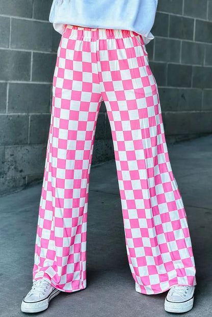 Checkered Wide Leg Pants Fuchsia Pink