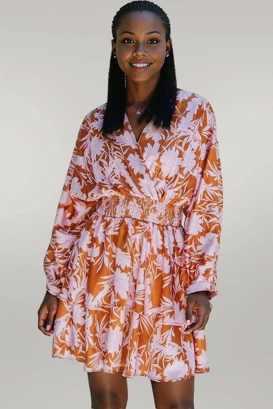 Brown Floral Puff Sleeve Smocked Waist Layered Dress Brown 100%Polyester