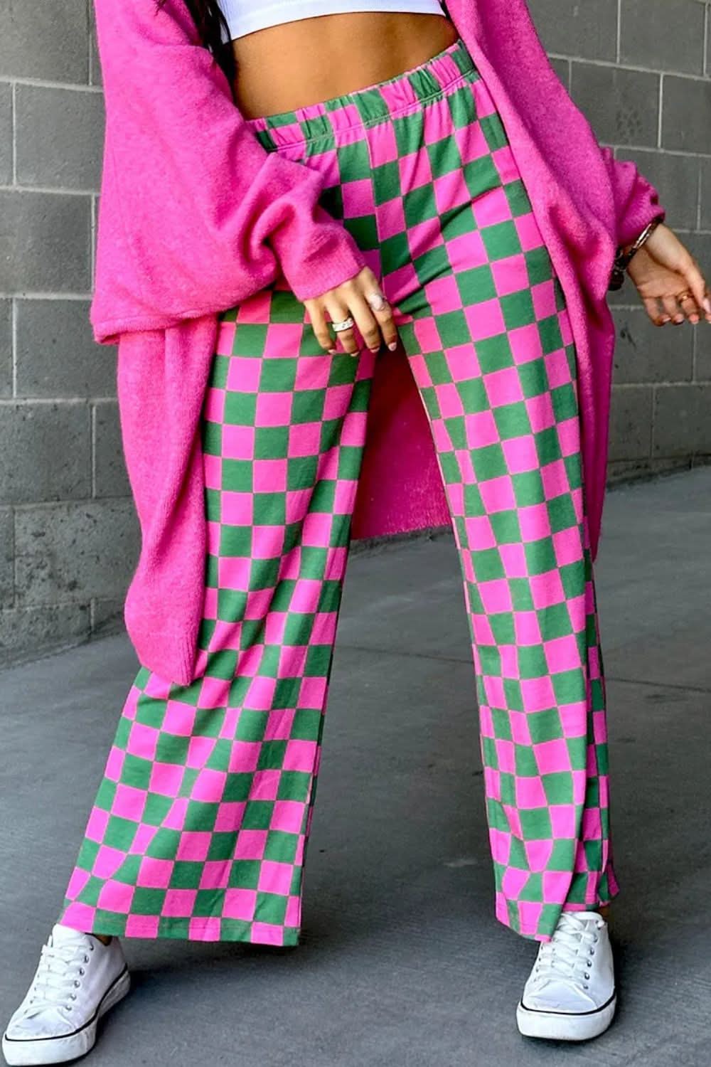 Checkered Wide Leg Pants Turquoise