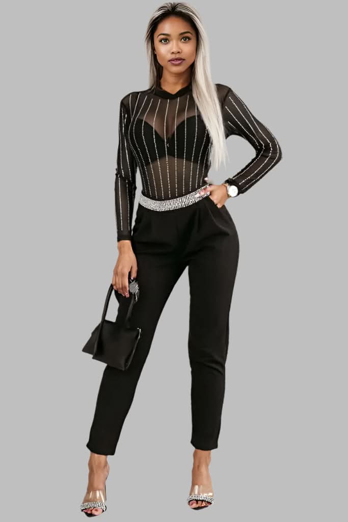 Black Rhinestone Decor Striped Mesh Long Sleeve Bodysuit