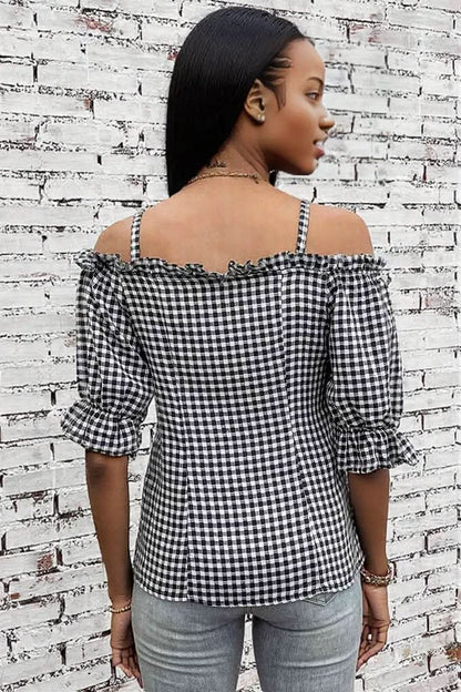 Plaid Buttoned Sweetheart Neck Cold-Shoulder Top