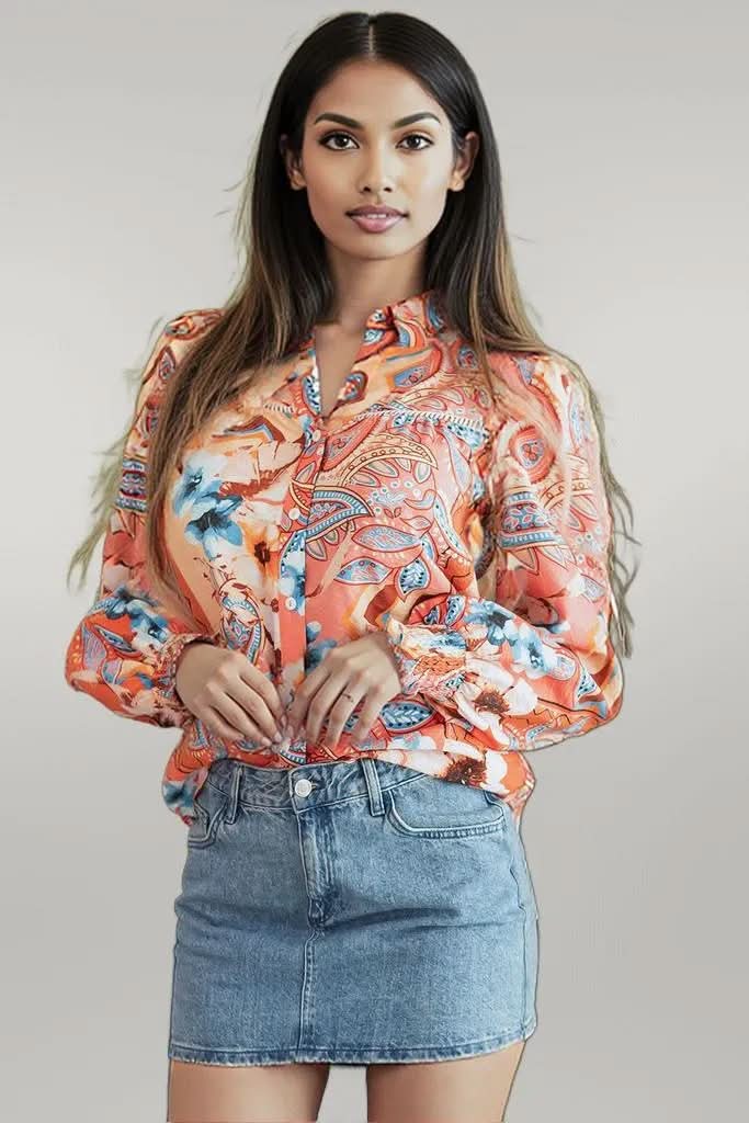 Orange Floral Print Shirred Cuff Buttoned Loose Shirt Orange 81%Viscose+19%Polyamide