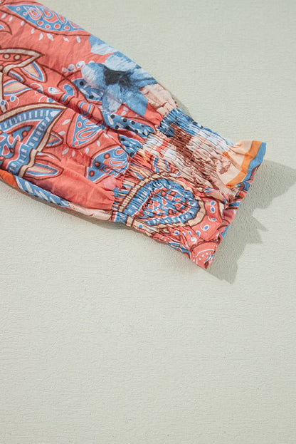 Orange Floral Print Shirred Cuff Buttoned Loose Shirt Orange 81%Viscose+19%Polyamide