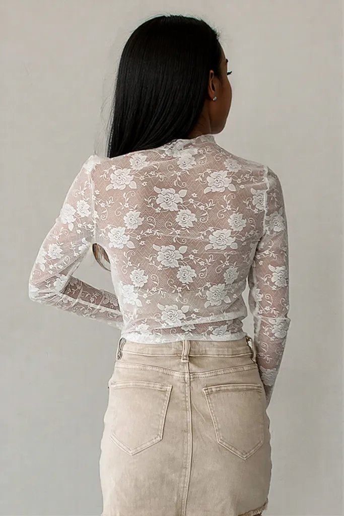 Black Sheer Floral Lace Mesh Mock Neck Long Sleeve Top White 90%Polyamide+10%Elastane