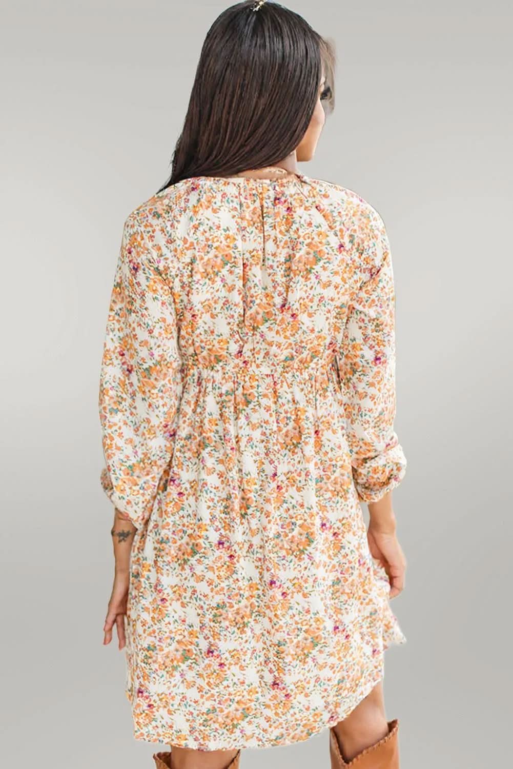 Yellow Boho Floral V Neck Ruffled Empire Waist Long Sleeve Mini Dress