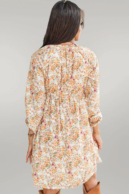 Yellow Boho Floral V Neck Ruffled Empire Waist Long Sleeve Mini Dress