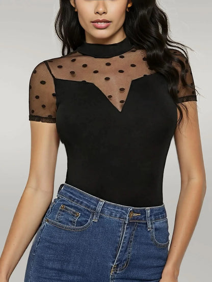 Mesh Polka Dot Mock Neck Top Black