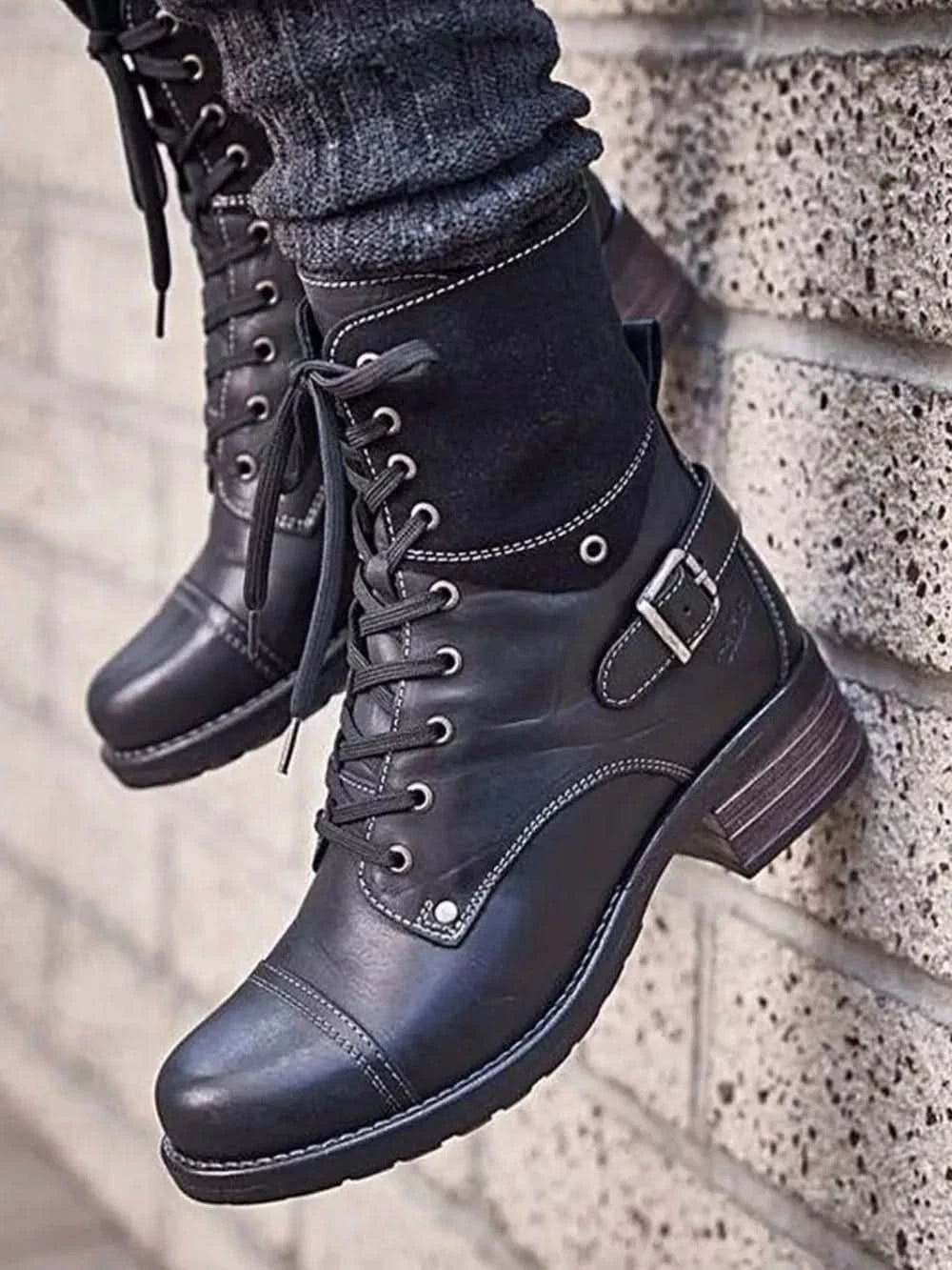 Lace-Up Block Heel Boots Black
