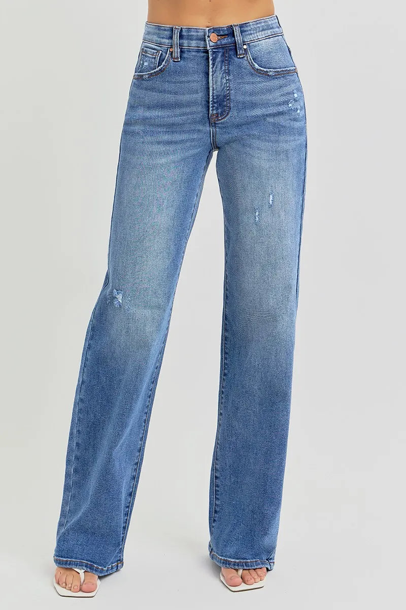 RISEN Full Size Tummy Control Elastic Band High Rise Wide Jeans